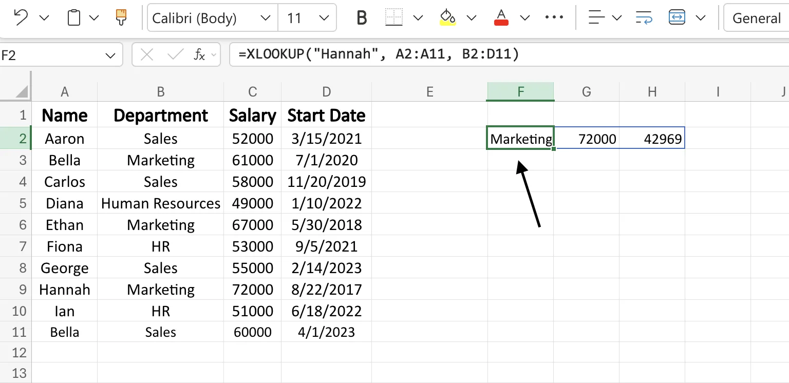 A single XLOOKUP formula returning Hannah's department, salary, and start date across three cells