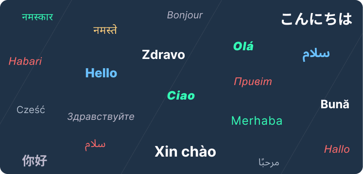Greetings written in dozens of languages and scripts, from Hindi and Arabic to Japanese