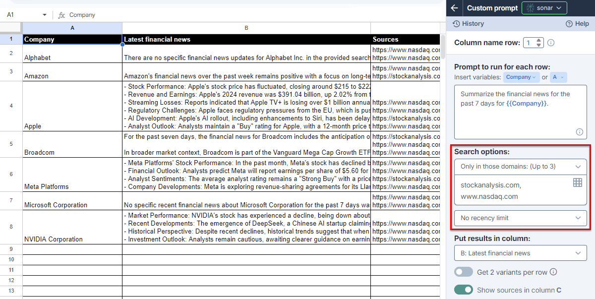 Perplexity Sonar model search options in GPT for Work