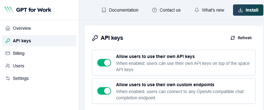 Control personal API keys and custom endpoints from the GPT for Work dashboard