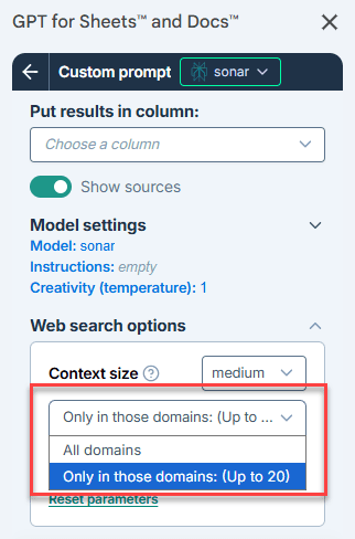 Filter up to 20 domains in Sonar web search