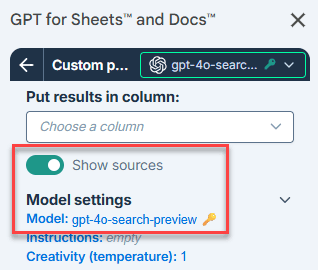 Show sources in GPT for Sheets web search