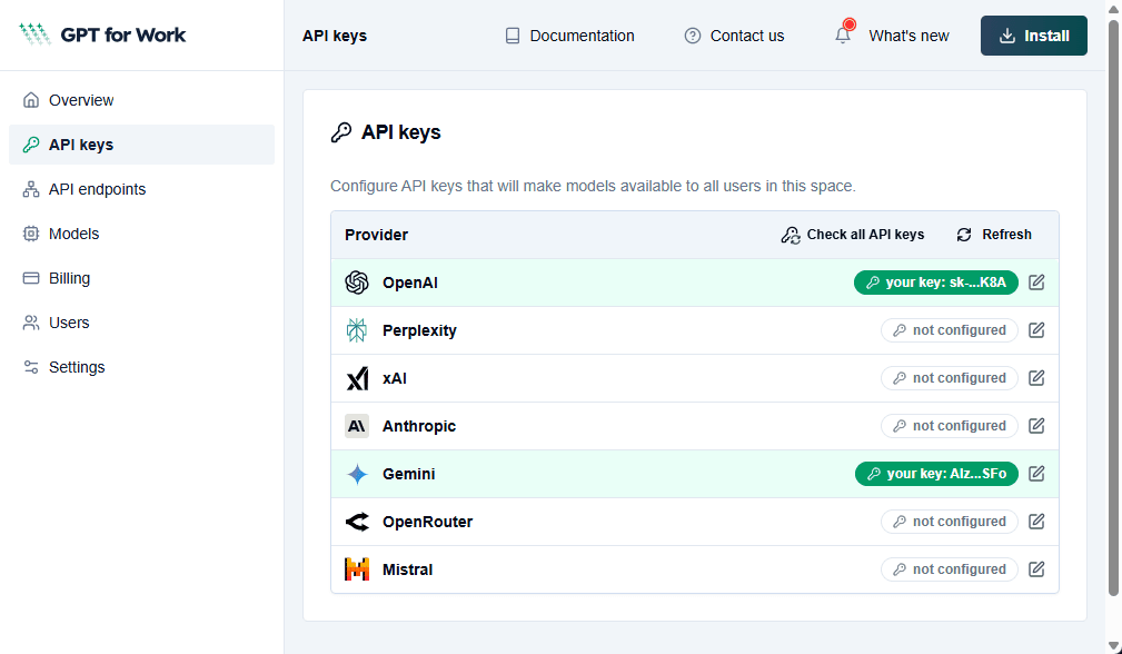 Space-level API keys in GPT for Work dashboard