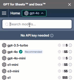 New search field on model switcher in GPT for Sheets