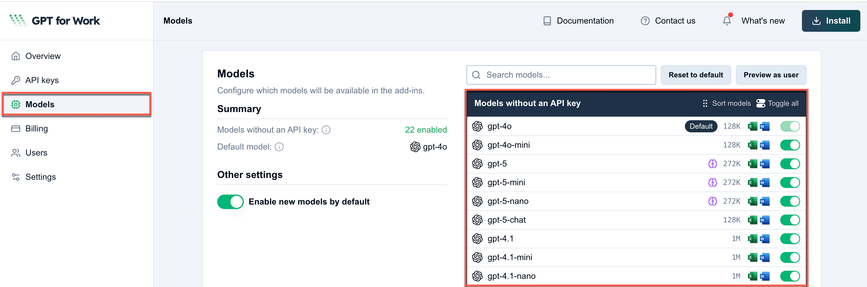 Admin controls for the model switcher
