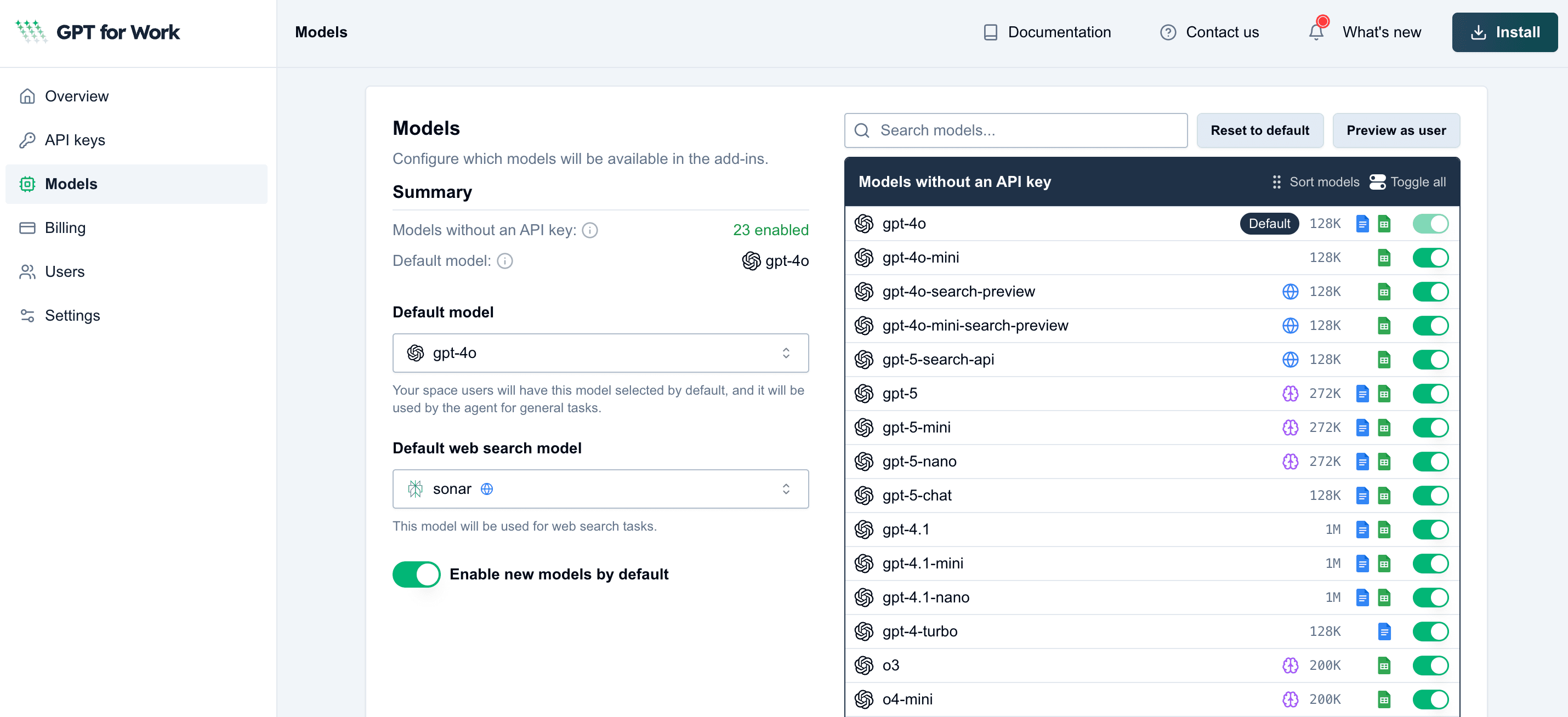 Models page in the GPT for Work dashboard
