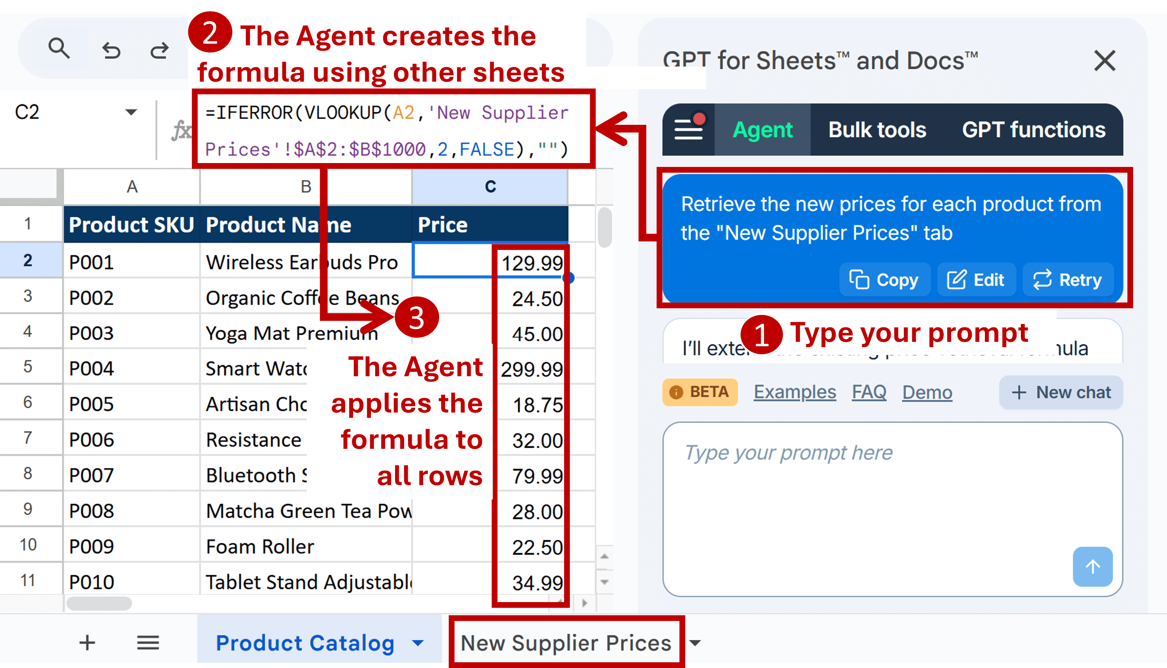 The Agent can generate VLOOKUPs across tabs in GPT for Sheets