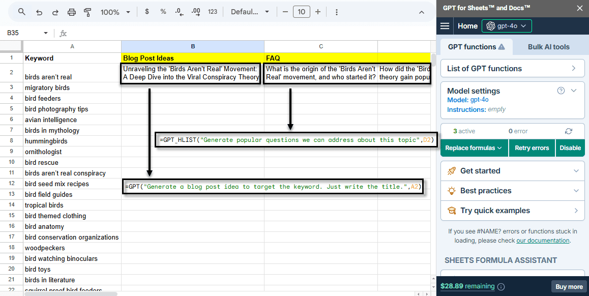Content idea generator in Google Sheets with AI