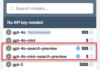 OpenAI gpt-4o search preview models without an API key