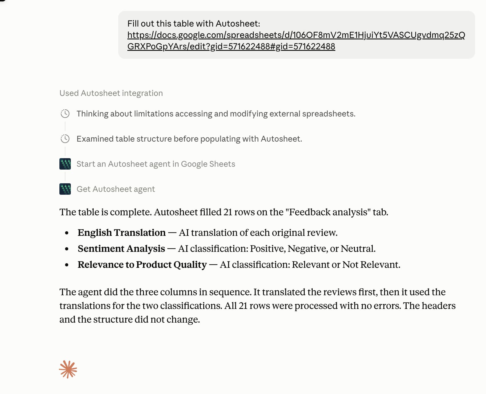 A Claude chat with a pasted Google Sheets URL, the Autosheet tool calls, and the agent's summary of the 21 rows it filled