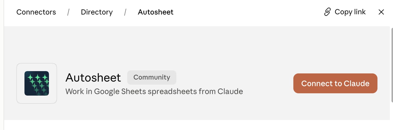 Autosheet in the Claude connector directory, with the Connect to Claude button