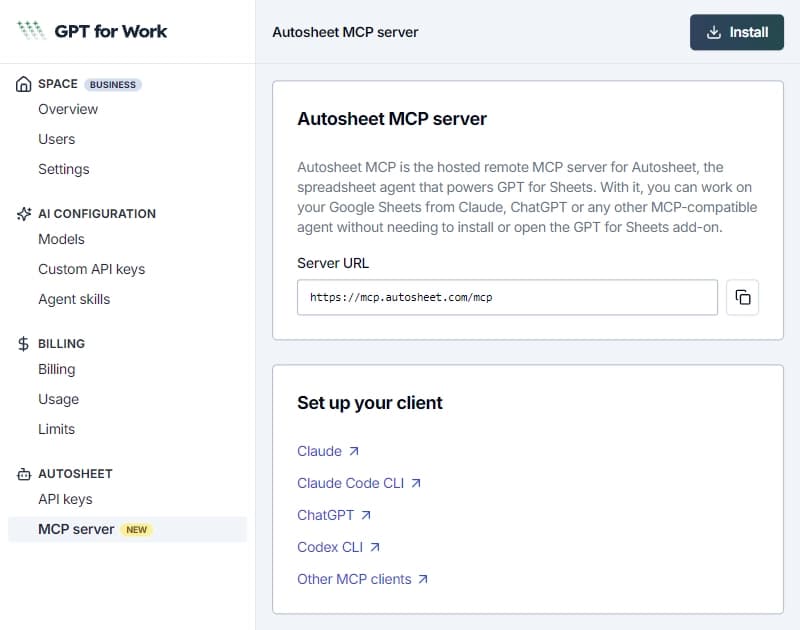 Autosheet MCP server page in the GPT for Work dashboard