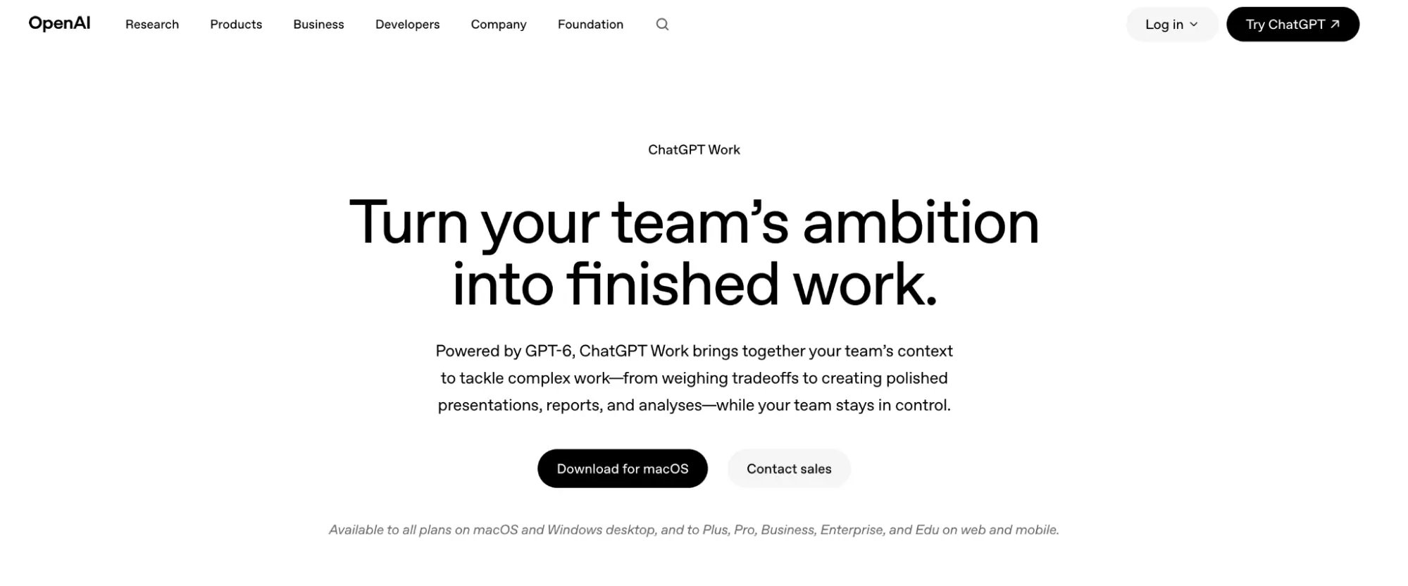 OpenAI page for ChatGPT Work with the headline Turn your team's ambition into finished work