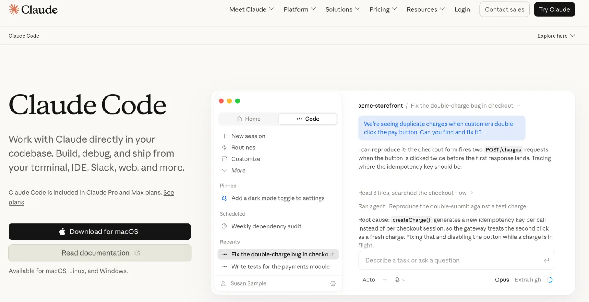 Claude Code product page showing the agent working through a bug fix in a codebase