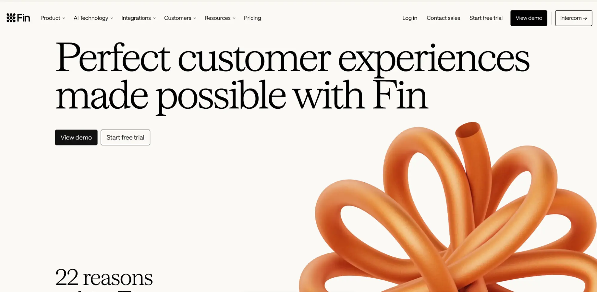 Fin homepage with the headline Perfect customer experiences made possible with Fin