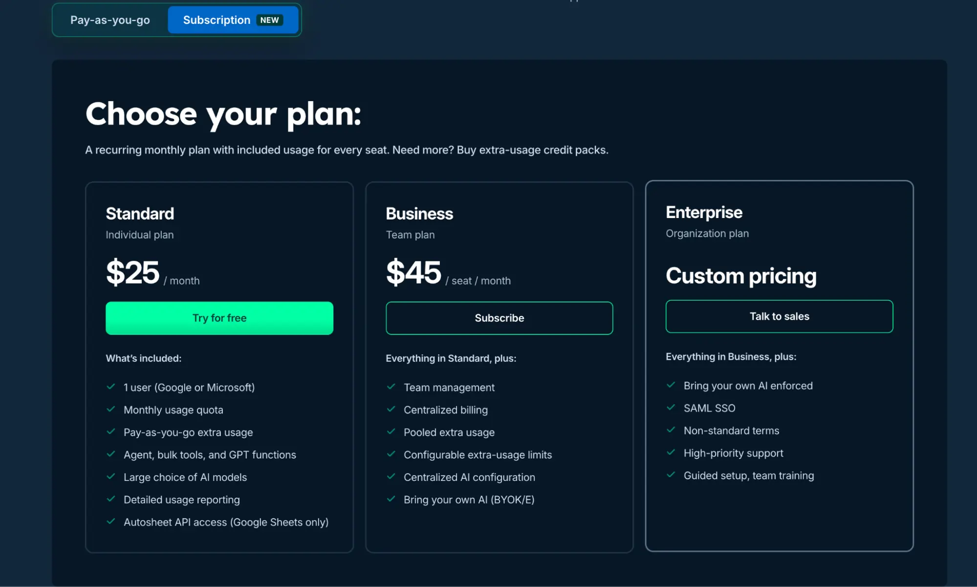 GPT for Work pricing page showing the Standard, Business, and Enterprise subscription plans