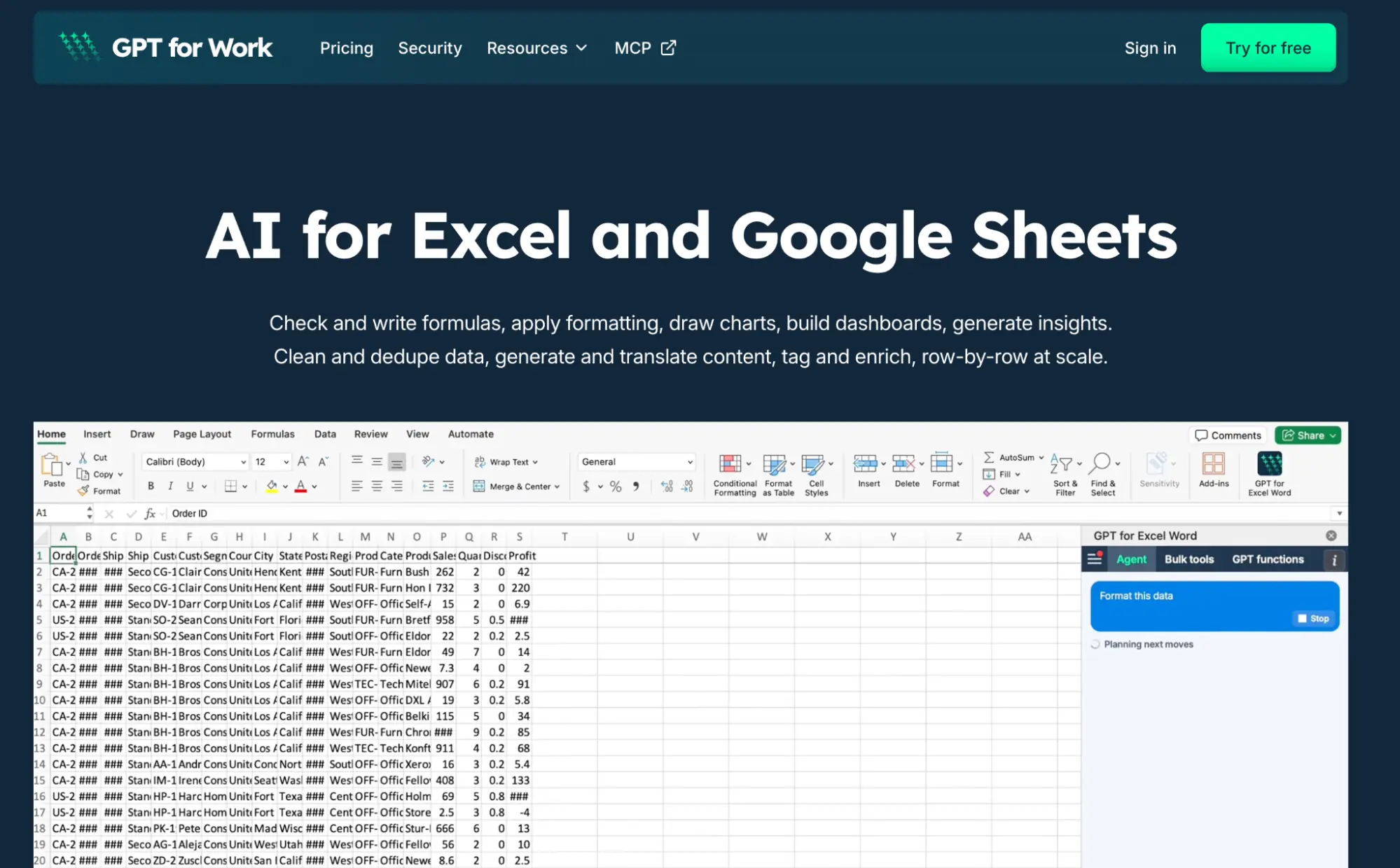 GPT for Work homepage showing the AI agent panel open beside a spreadsheet in Excel