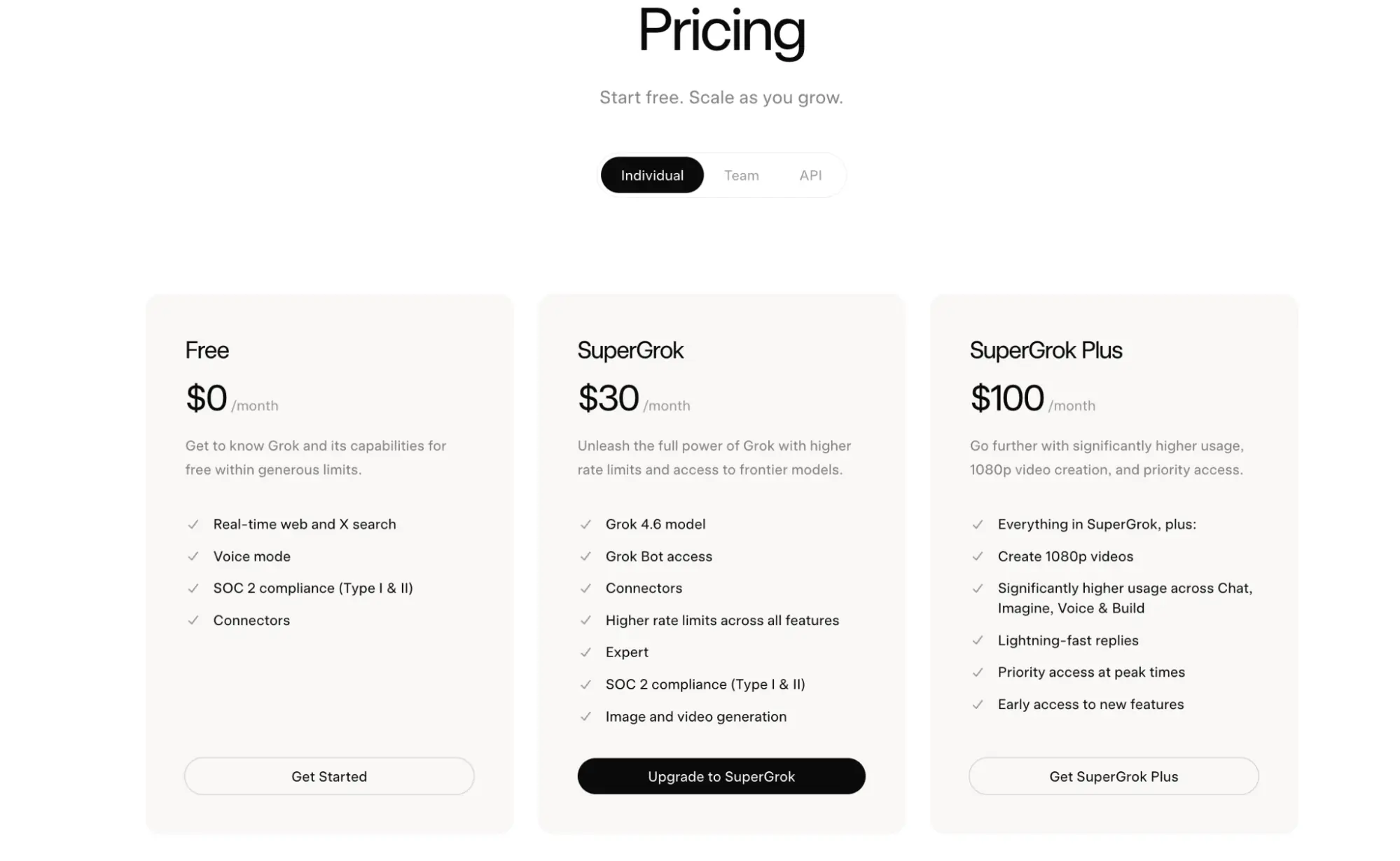 Grok pricing page showing the Free, SuperGrok, and SuperGrok Plus plans
