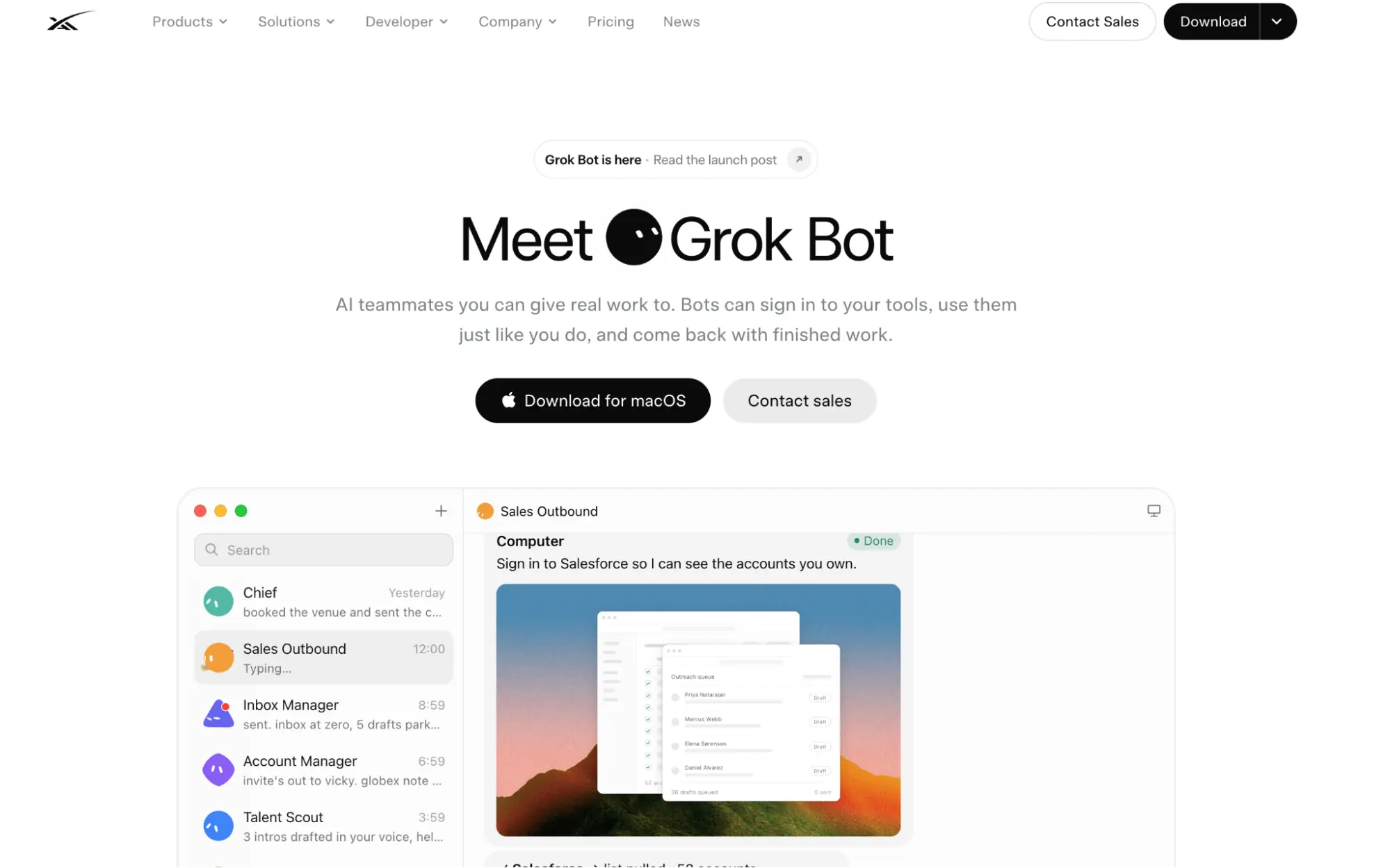 Meet Grok Bot page showing several always-on Bots working in a chat beside a cloud computer
