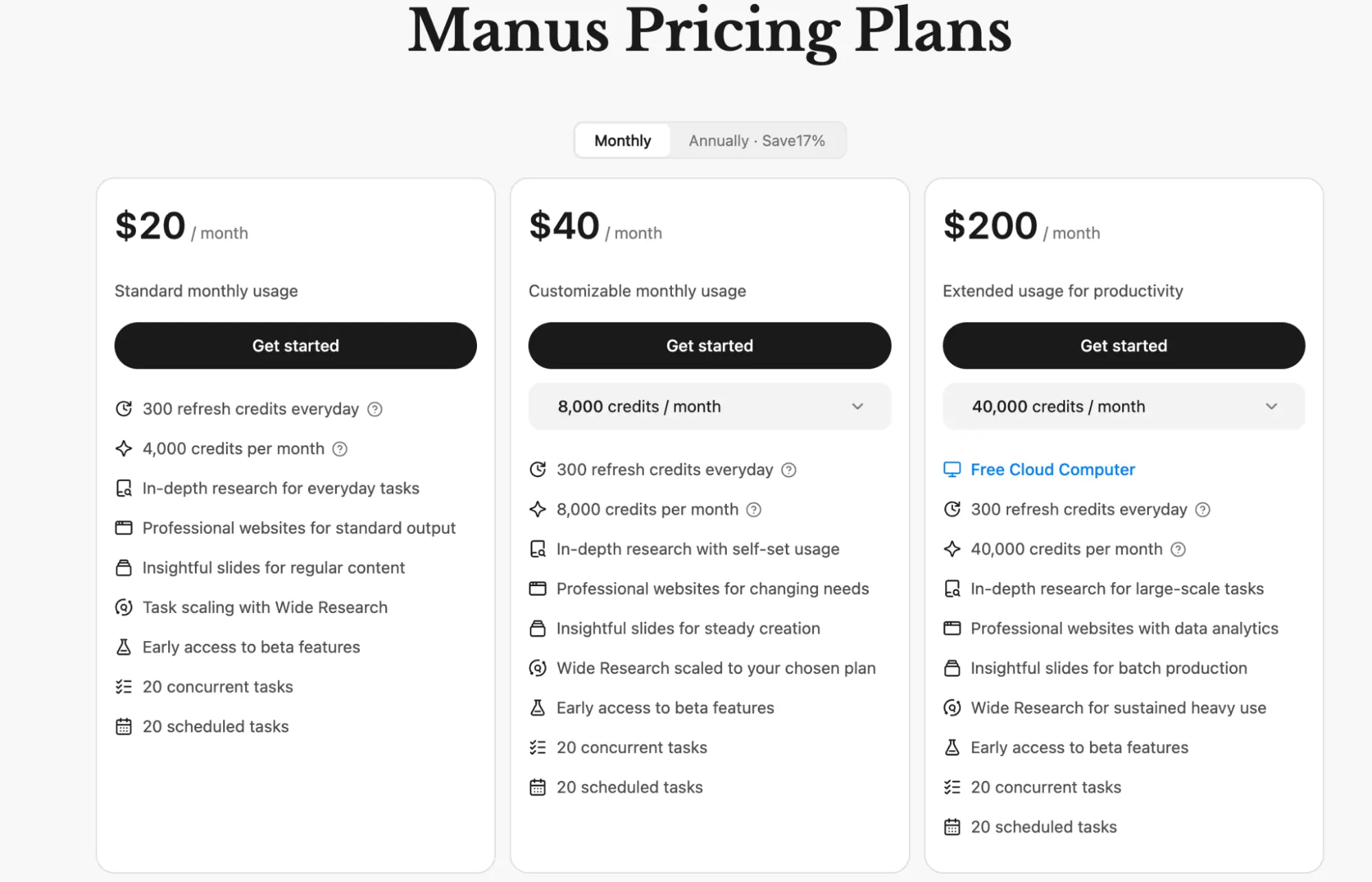 Manus pricing plans showing the $20, $40, and $200 monthly tiers and their credit allowances