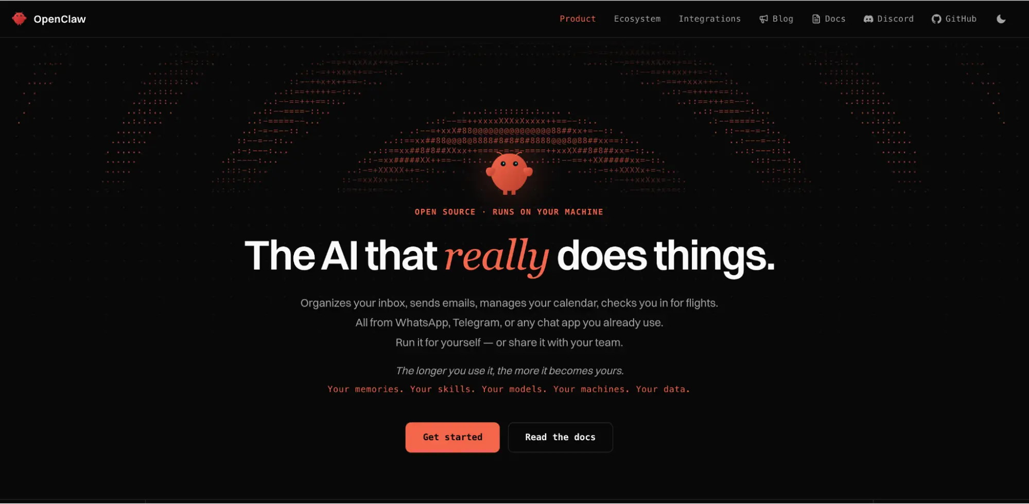 OpenClaw homepage with the tagline The AI that really does things
