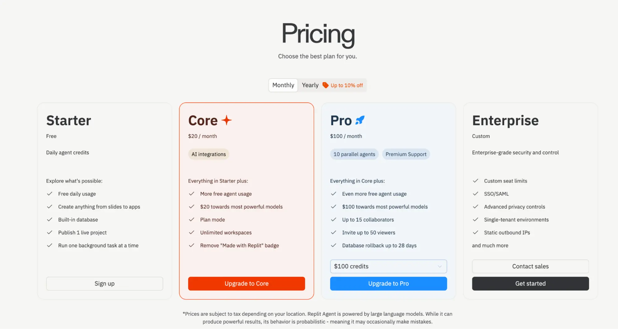 Replit pricing page showing the Starter, Core, Pro, and Enterprise plans