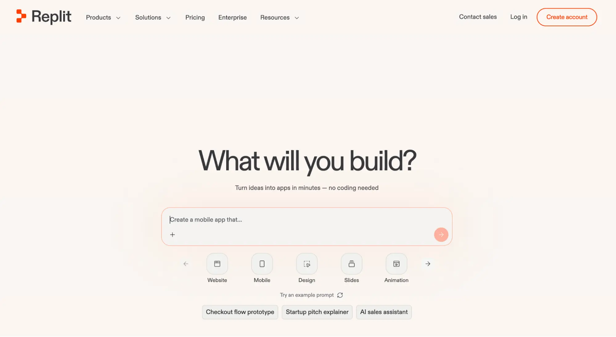 Replit homepage showing the What will you build prompt box for describing an app