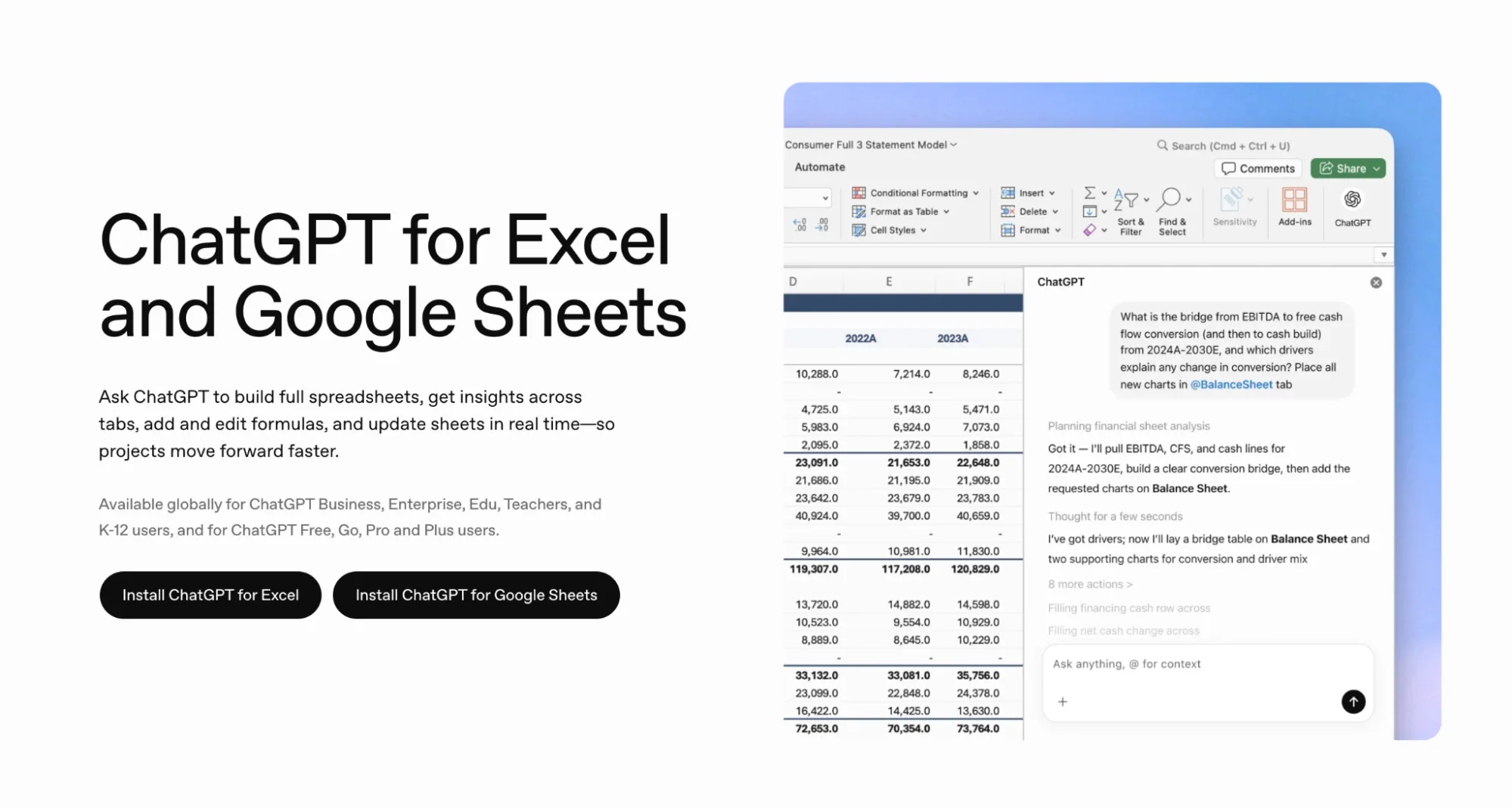 ChatGPT for Excel homepage showing the ChatGPT sidebar answering a question about a financial model