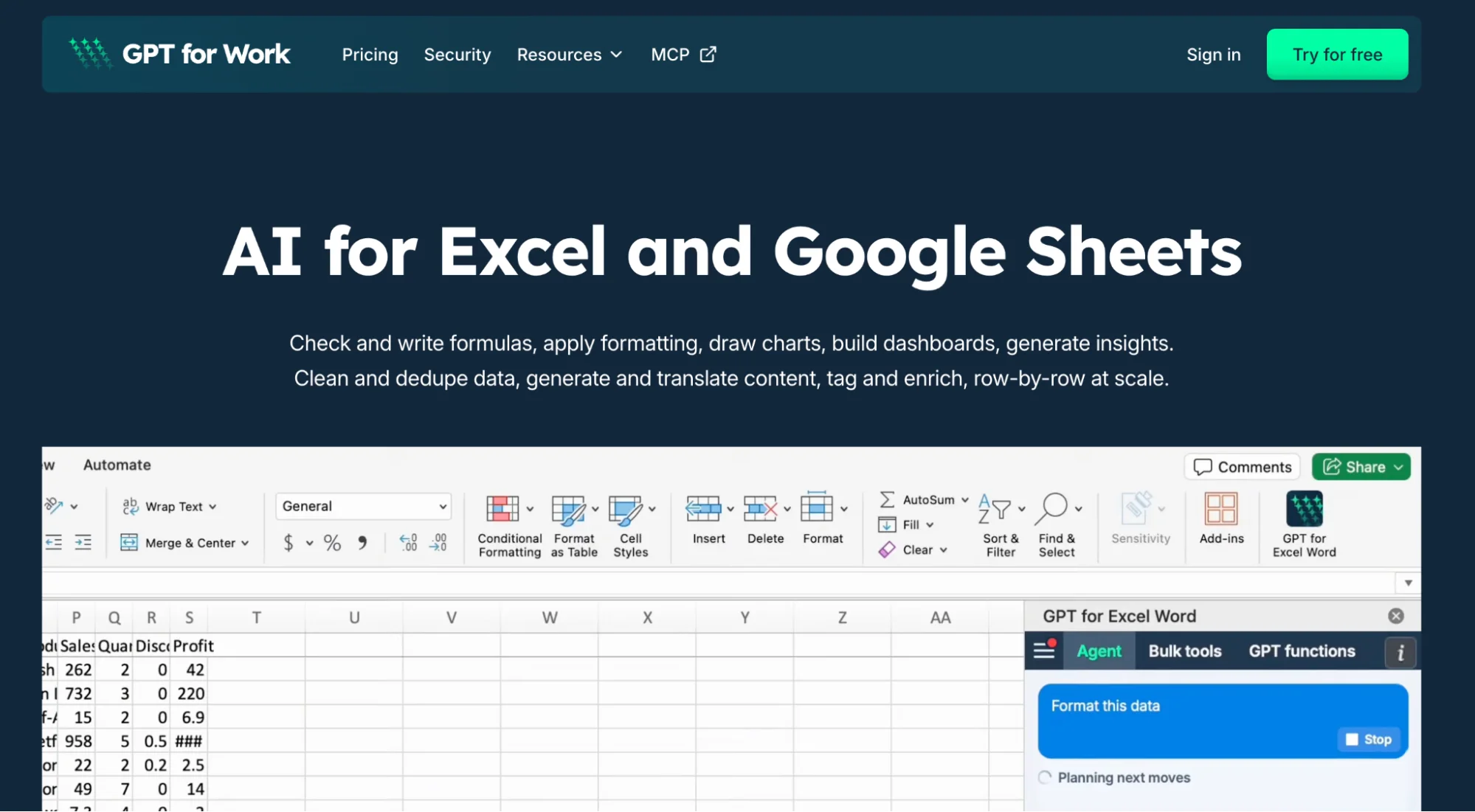 GPT for Work homepage showing the AI agent panel open beside a spreadsheet in Excel