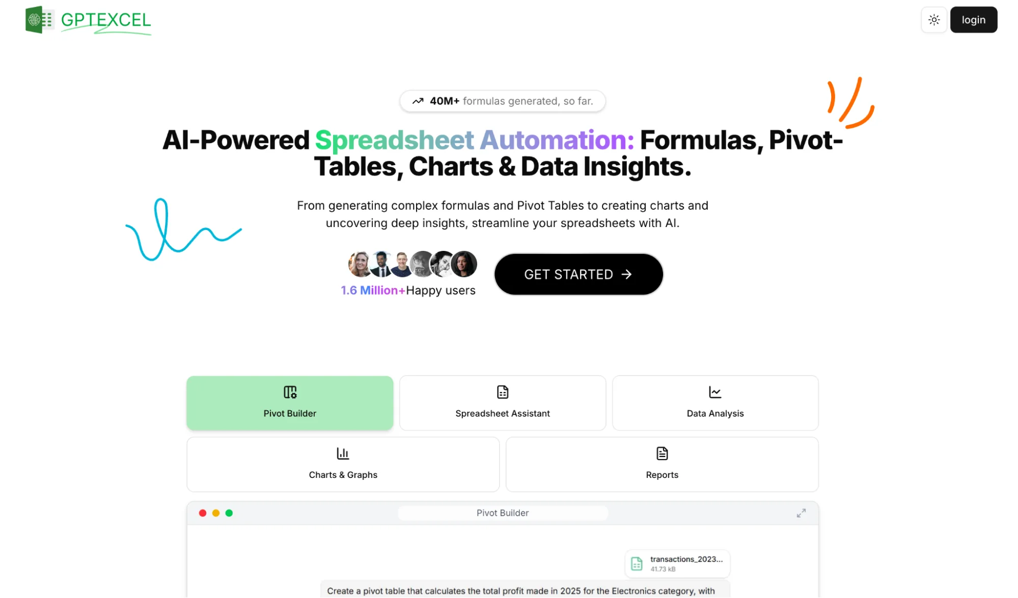 GPTExcel homepage showing its pivot builder, spreadsheet assistant, data analysis, charts and reports tools