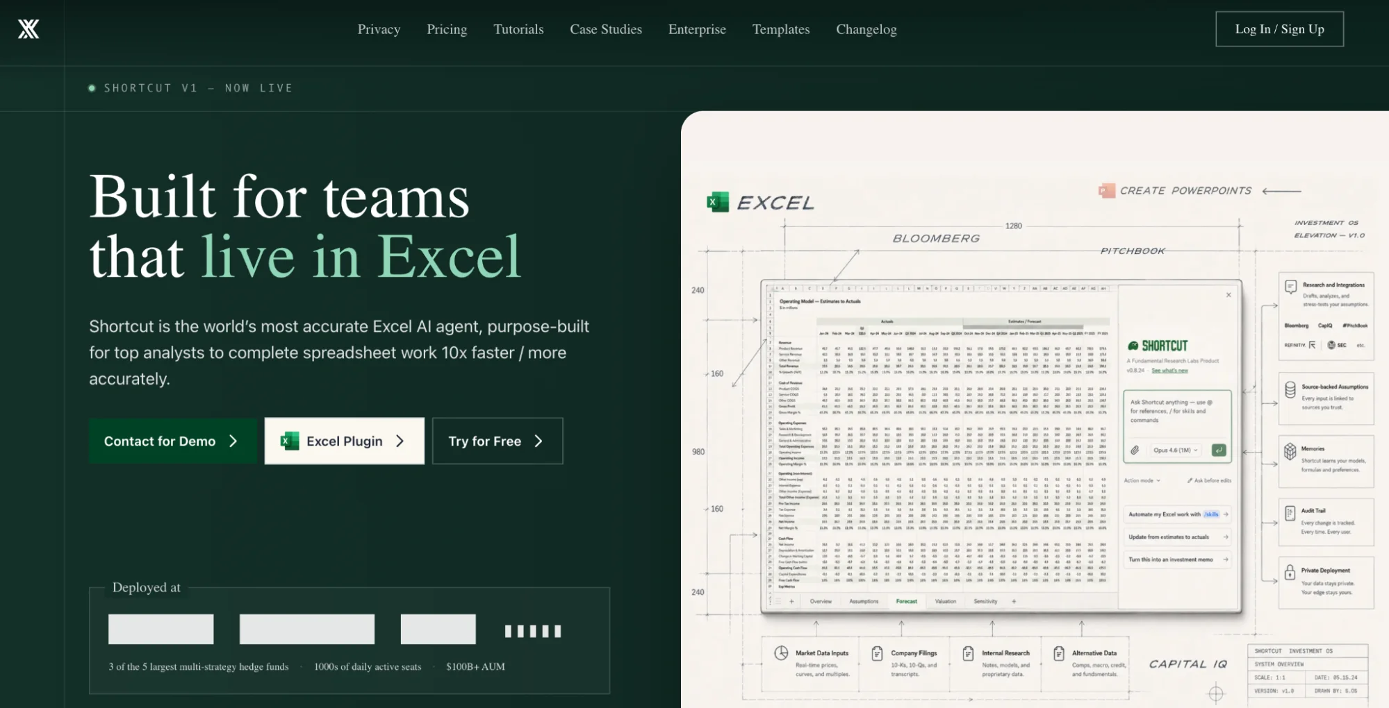 Shortcut AI homepage showing its Excel agent working inside a financial model