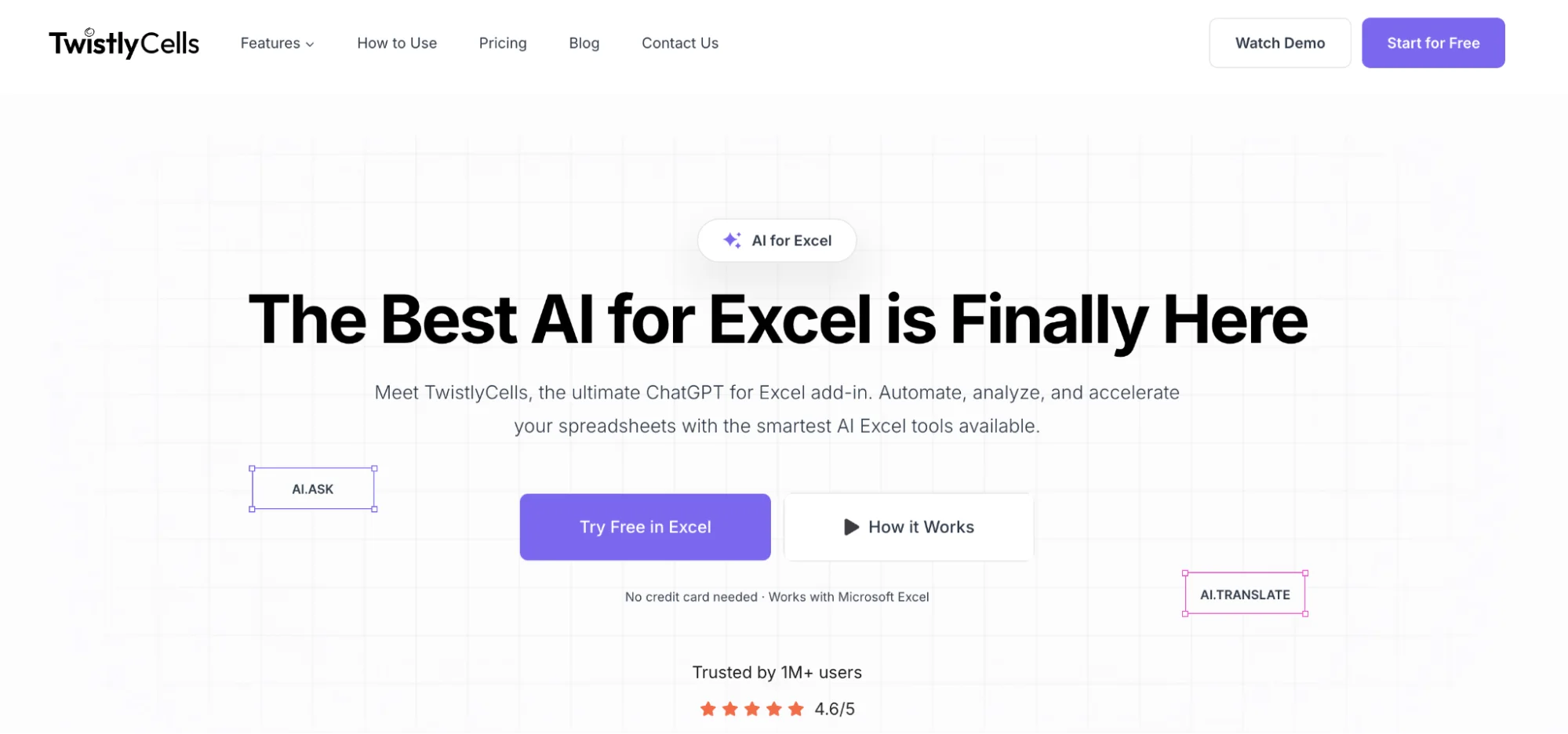 TwistlyCells homepage presenting its AI for Excel add-in with AI.ASK and AI.TRANSLATE function labels