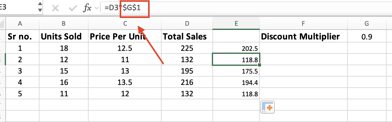 Column E filled with discounted totals and E3 selected, showing =D3*$G$1 in the formula bar
