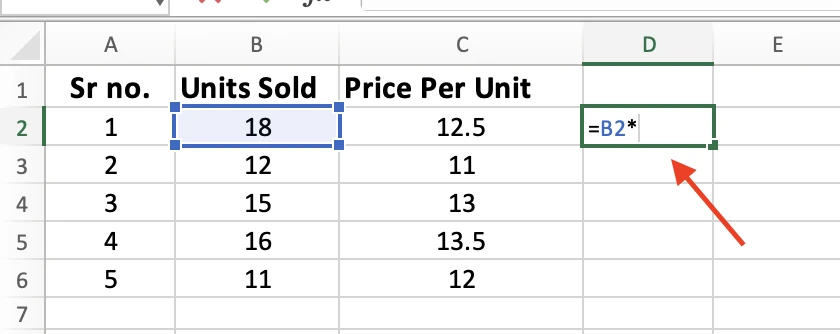 Formula =B2* in cell D2 after typing the asterisk