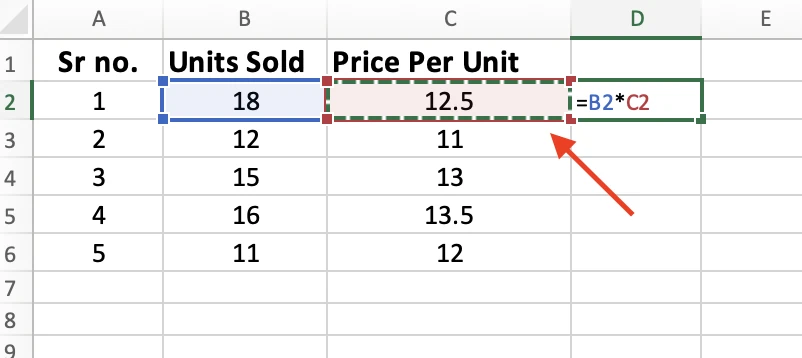 Formula =B2*C2 in cell D2 with B2 outlined in blue and C2 outlined in red