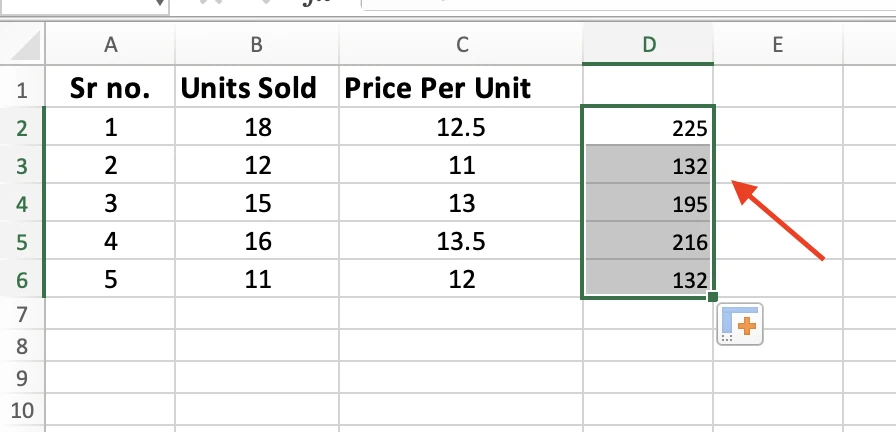 Column D filled down with the totals 225, 132, 195, 216, and 132