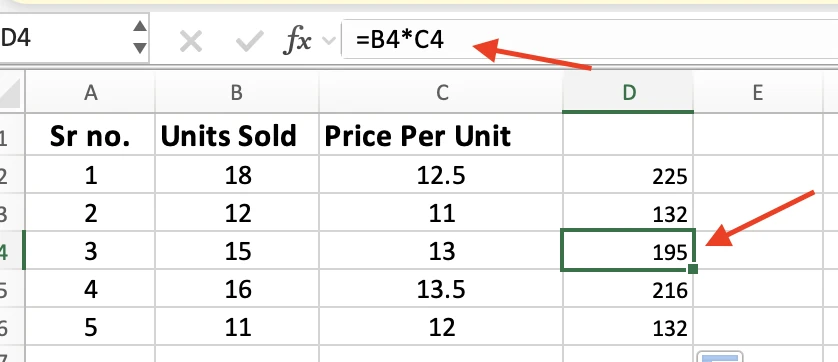 Cell D4 selected with =B4*C4 in the formula bar, showing the references shifted down