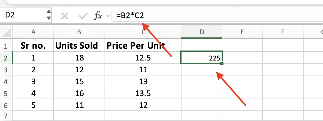 Cell D2 showing the result 225 with =B2*C2 in the formula bar