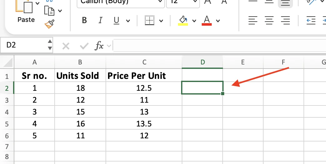 Excel sales sheet with Sr no., Units Sold, and Price Per Unit columns and the empty cell D2 selected