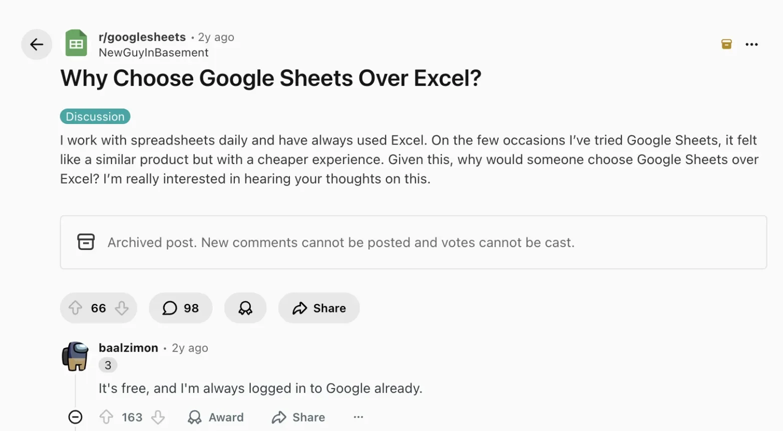 Reddit thread in r/googlesheets titled Why Choose Google Sheets Over Excel, with the top reply saying it's free and they're always logged in to Google already