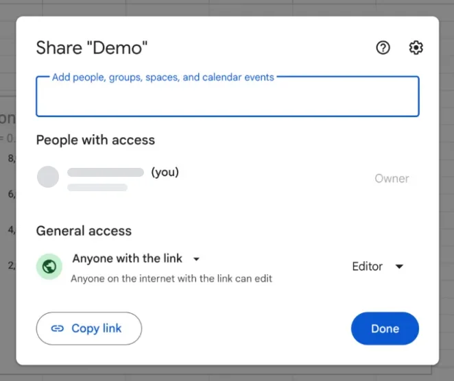 The Share dialog in Google Sheets with a field to add people, general access set to anyone with the link as Editor, and a Copy link button