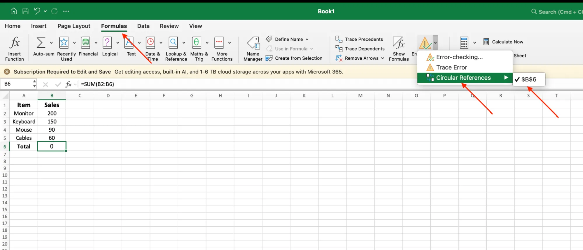 The Error Checking menu open on the Formulas tab with Circular References listing cell $B$6