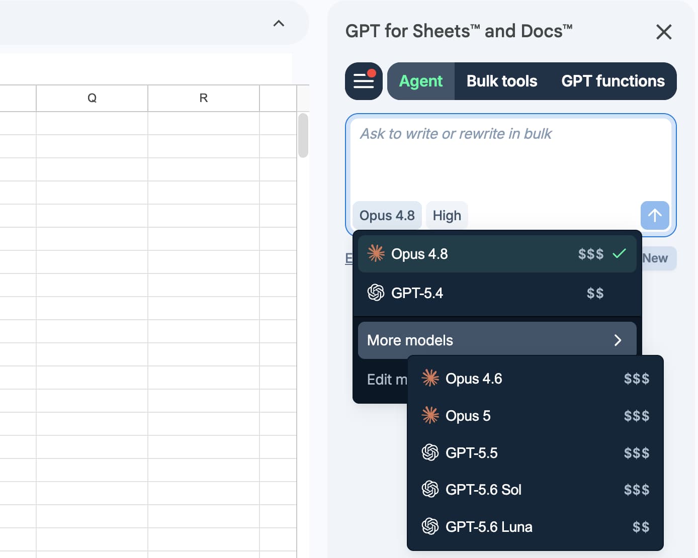 The Agent model switcher open in Google Sheets with Opus 4.8 selected, and More models expanded to show Opus 4.6 and Opus 5