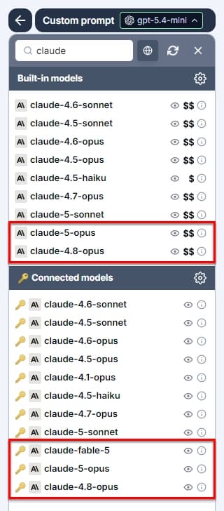 Bulk tools model switcher in GPT for Excel with Anthropic Claude Opus 5, Opus 4.8, and Fable 5