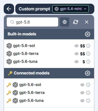 Bulk tools model switcher in GPT for Excel with OpenAI GPT-5.6 Sol, Terra, and Luna