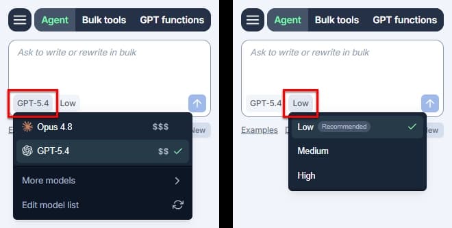 Agent model switcher and reasoning effort switcher in GPT for Excel