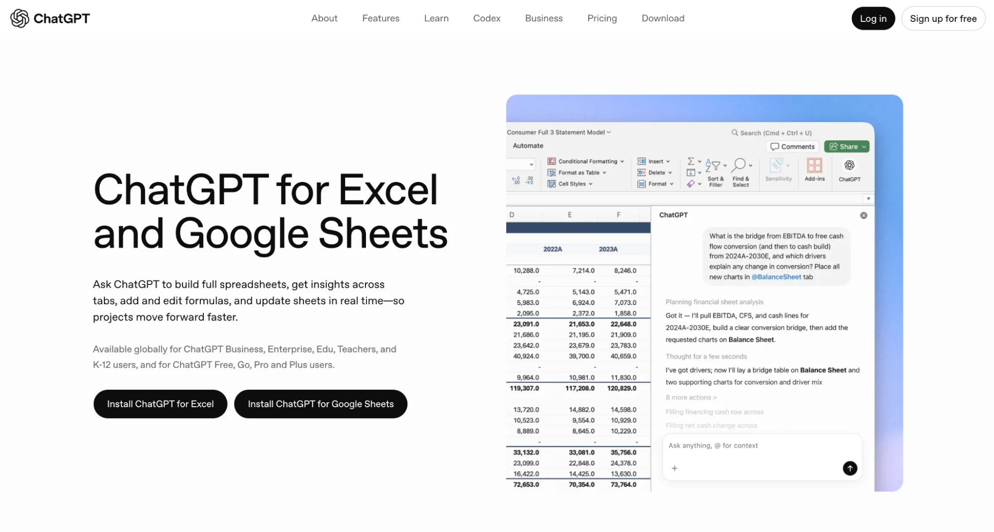 ChatGPT for Excel and Google Sheets homepage showing the ChatGPT sidebar answering a question about a financial model