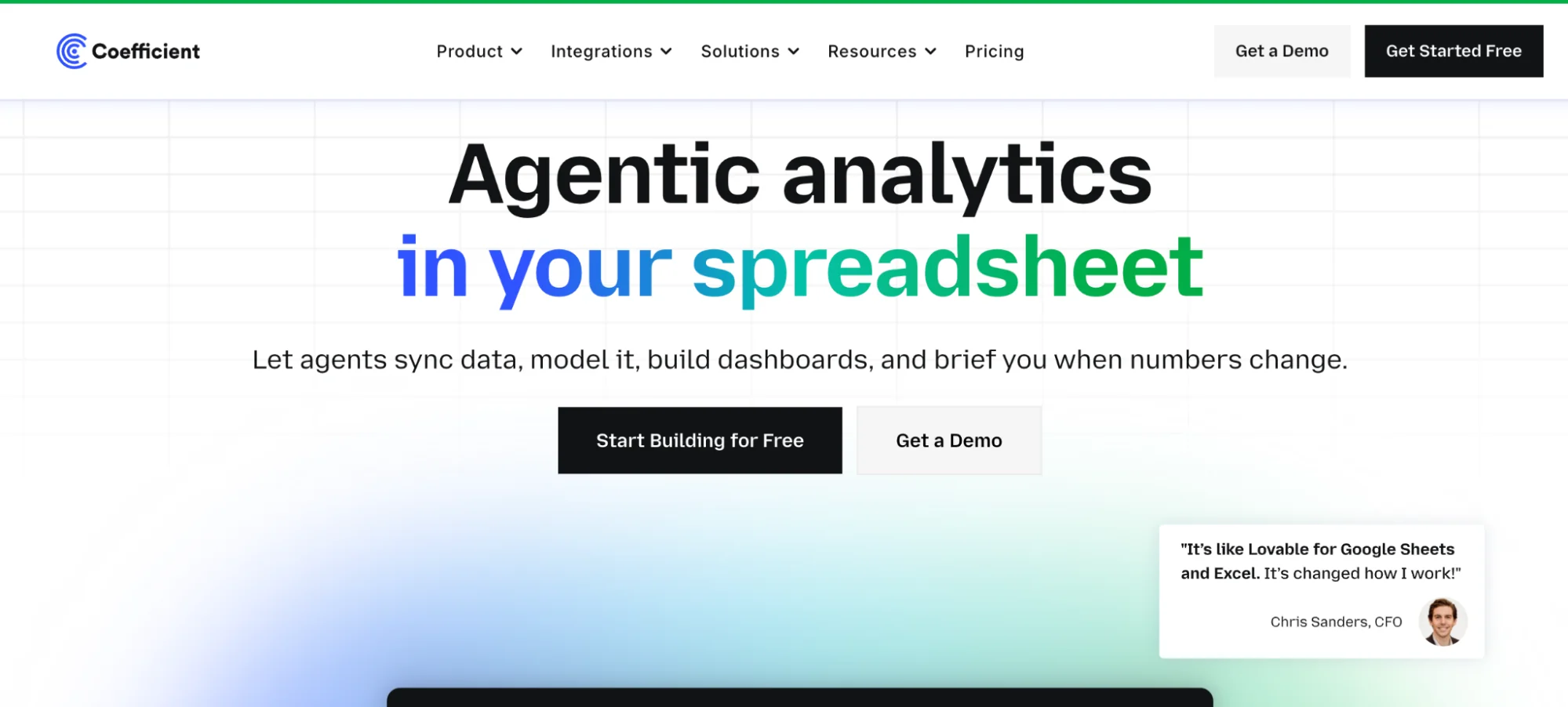Coefficient homepage presenting agentic analytics that sync live data into Google Sheets and Excel