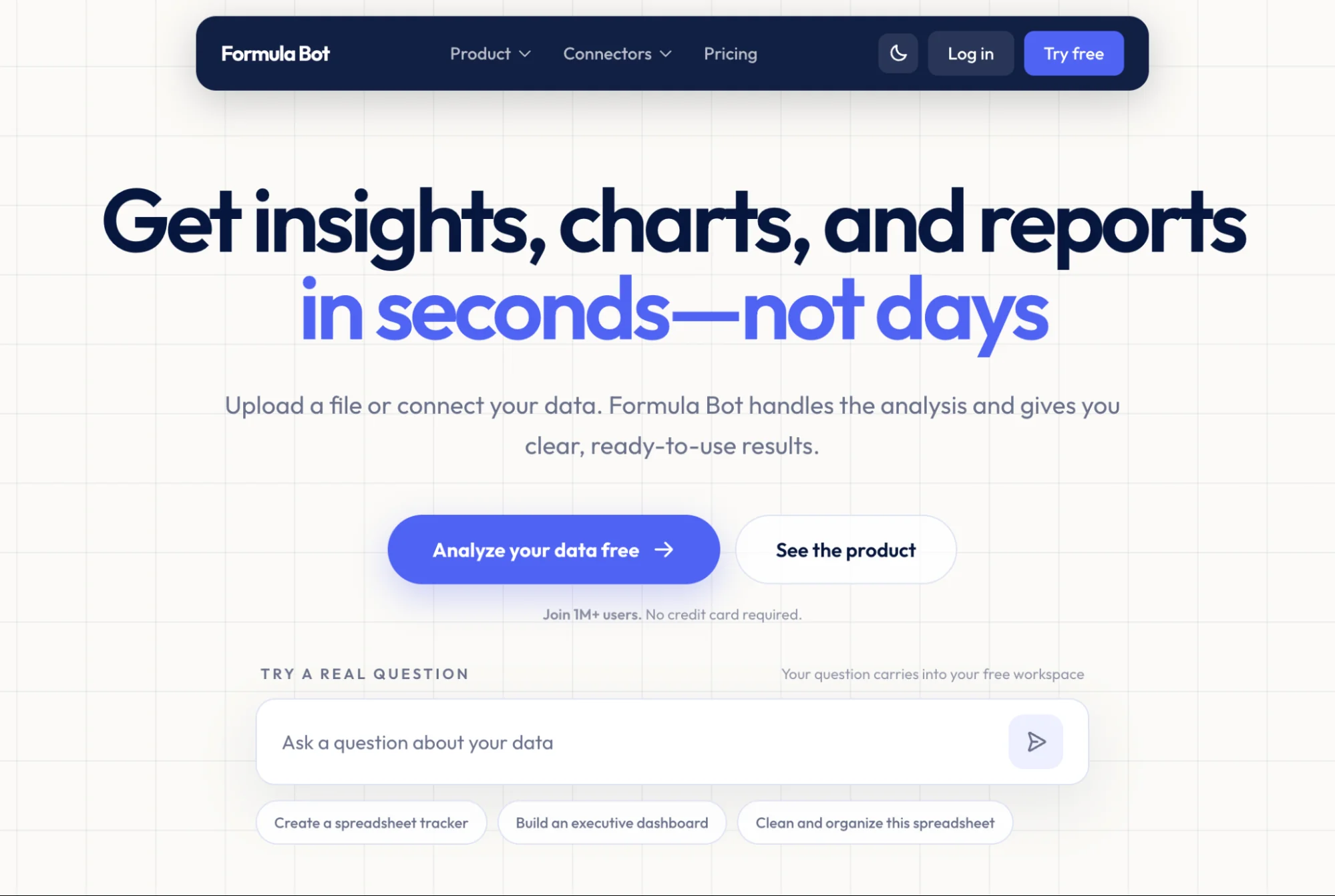 Formula Bot homepage with a prompt box for asking questions about an uploaded data file