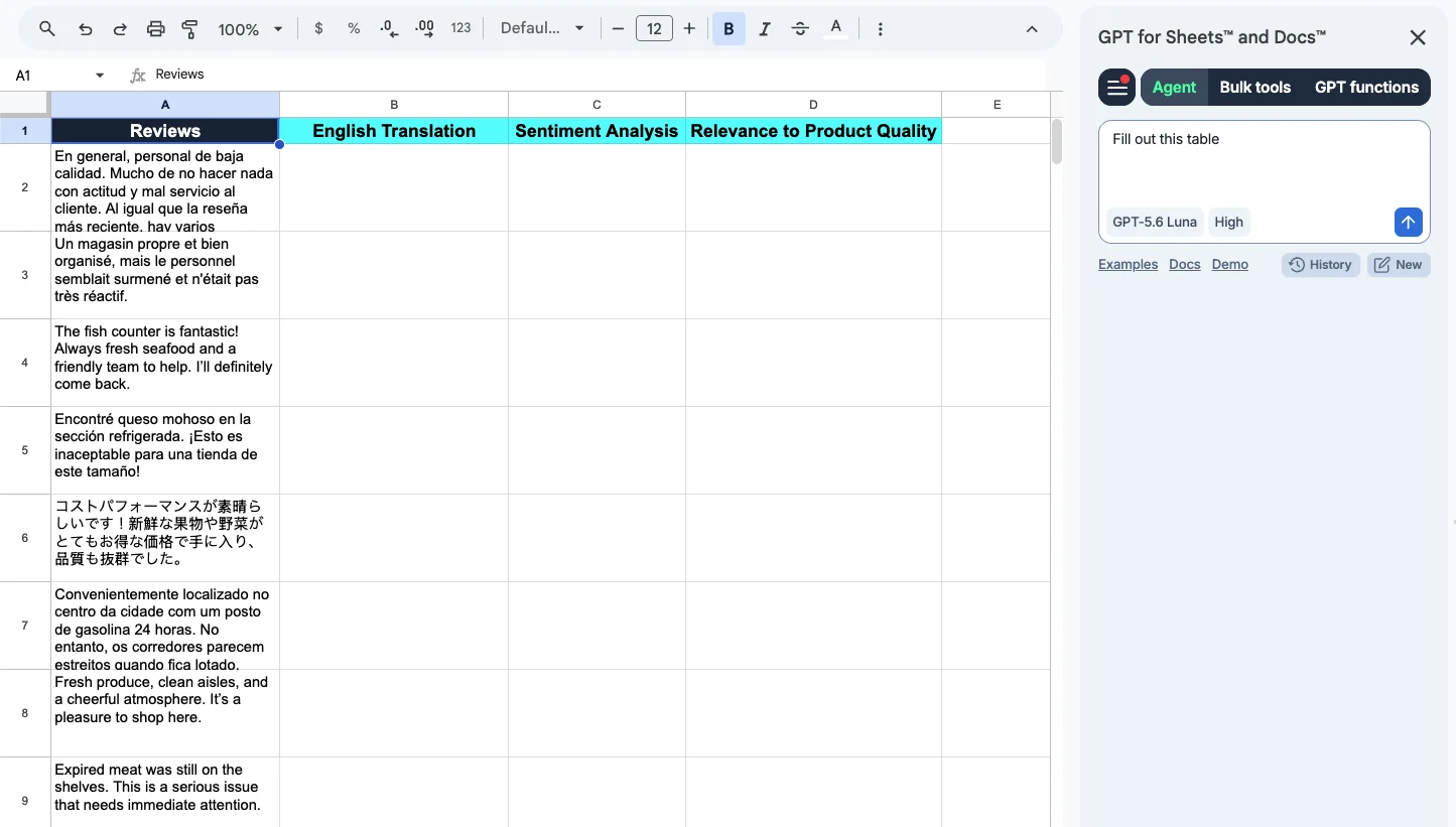The GPT for Sheets agent panel open in Google Sheets, asked to fill translation, sentiment, and relevance columns for a table of customer reviews
